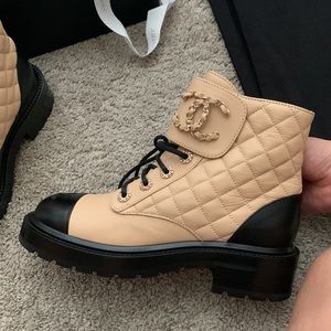 Chanel Lambskin Quilted Lace Up Combat Boots in Beige SZ 37